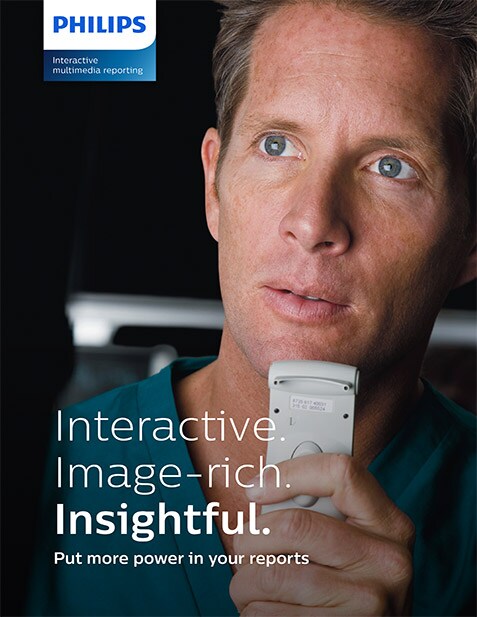 Capa da brochura sobre relatórios multimédia interativos da Philips para otimizar as informações clínicas