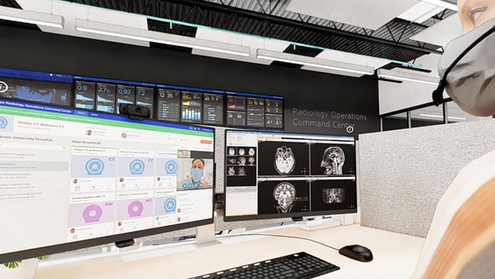 Representação de artista do Philips Radiology Operations Command Center (ROCC) que mostra especialistas a fornecerem assistência virtual remota