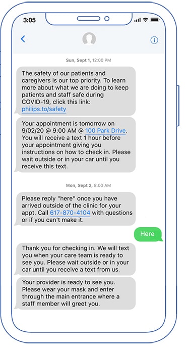 Ecrã do telemóvel com o Gestor de pacientes Philips a mostrar os passos para orientar um paciente, começando pela preparação pré-consulta
