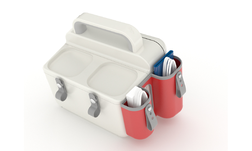 uma lancheira branca e vermelha