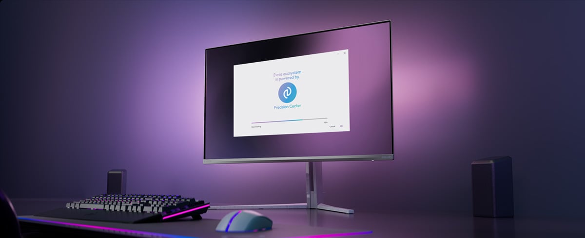 Monitor Philips Evnia configurado para o Precision Center