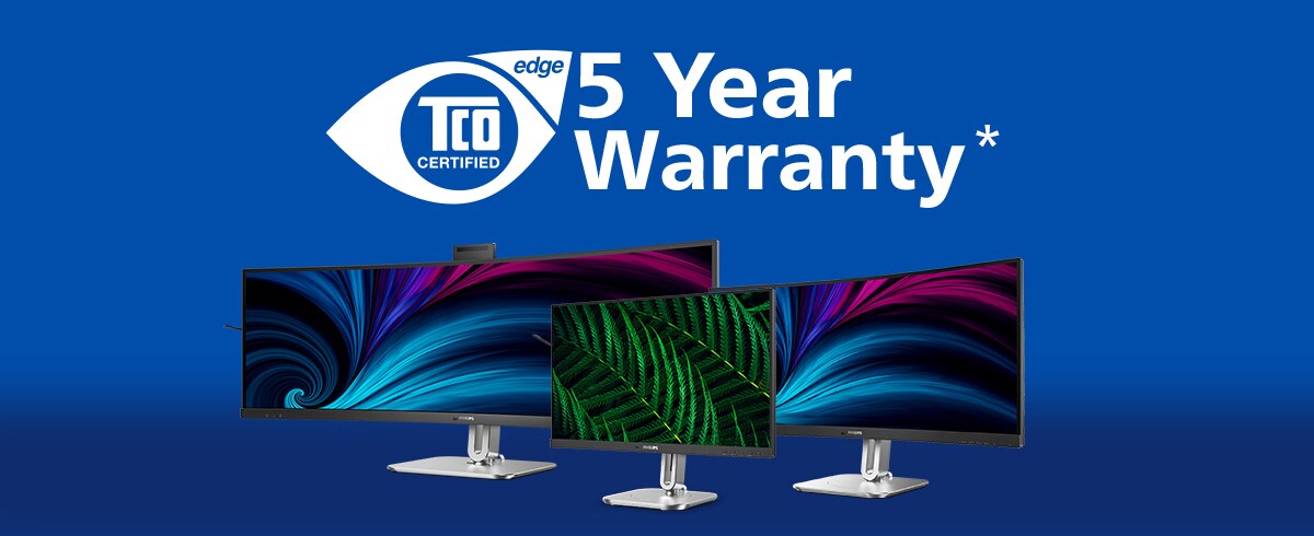 Monitores Philips com certificação TCO e garantia de cinco anos.